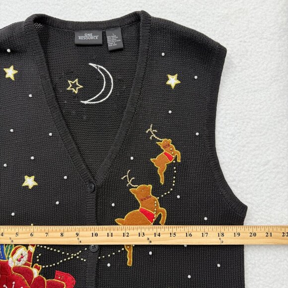 VTG Christmas Flying Santa Reindeer Sky Sweater Vest Black Grandma Teacher Sz L - Picture 9 of 10